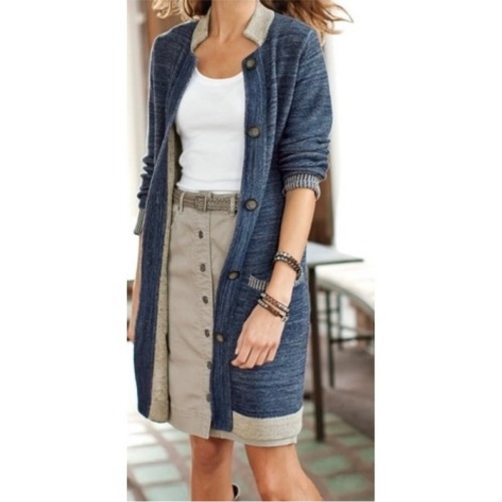 J. Jill Long button down blue Cardigan Sweater Medium linen blend
